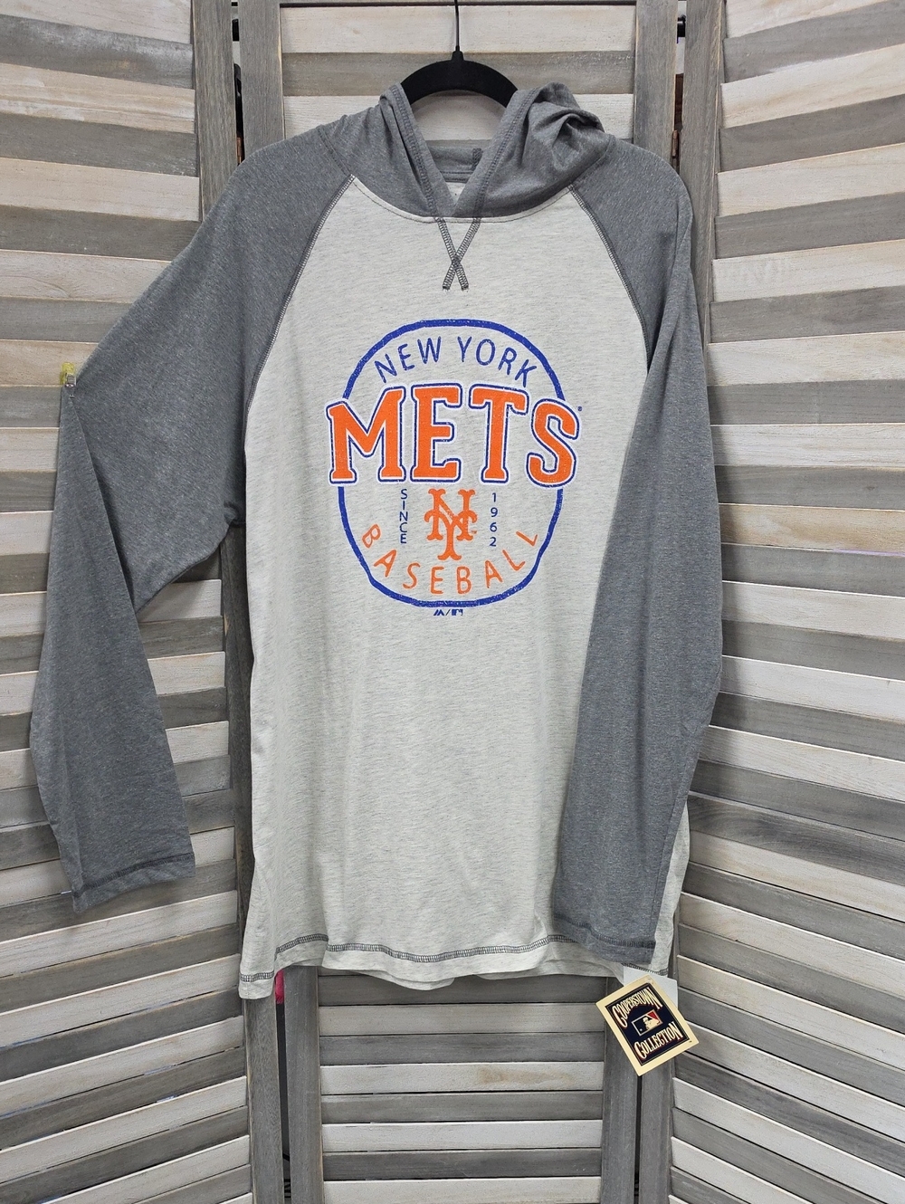 New York Mets Gray Raglan Hooded Long Sleeve Tee